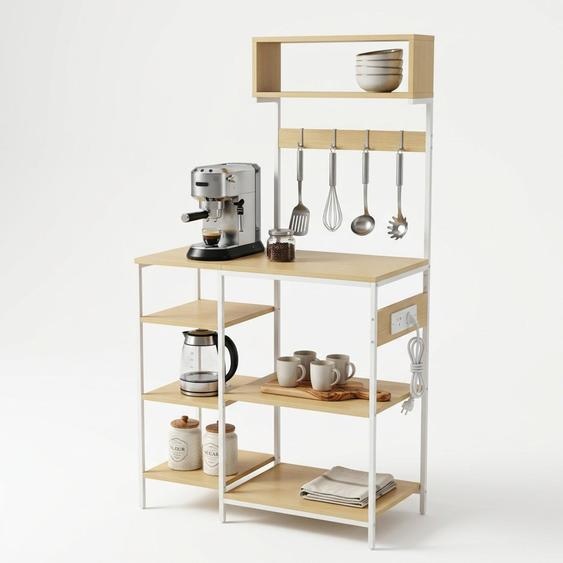 Étagère de cuisine Relaxdays avec prise électrique et port USB, dimensions : 151 x 82 x 40 cm, étagère pour micro-ondes, aspect bois, ouverte, métal, naturel/blanc