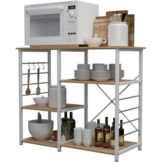 Étagère de cuisine, support pour micro-ondes, 3+3 niveaux, étagère de boulangerie, étagère dappoint, étagère métallique, stable, étagère de cuisine, gain de place, rangement pour cuisine, blanc érable