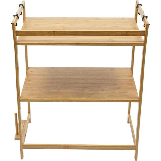 Étagère de cuisine - support pour micro-ondes - bambou - 2 niveaux - 4 crochets - 55×35×67 cm - 10-12,5 kg par niveau - garde au sol 36 cm - kaki foncé