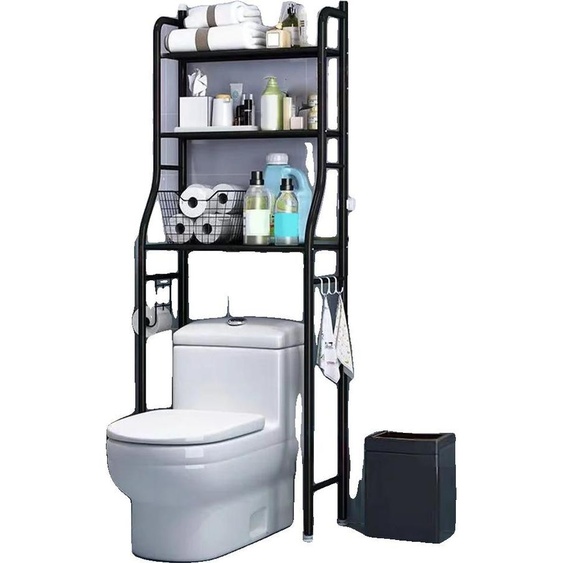 Étagère de rangement au-dessus des toilettes, conception à 3 niveaux, solution peu encombrante, noir
