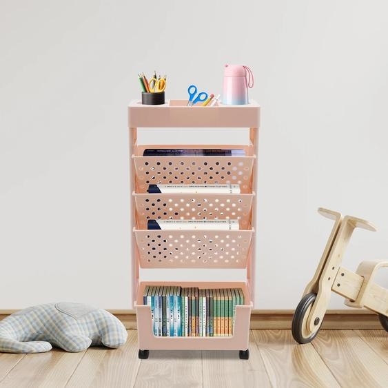 Étagère de rangement - Bibliothèque à roulettes - 5 niveaux - Mobile Pour bureau et salle de classe - Montage facile - Rose