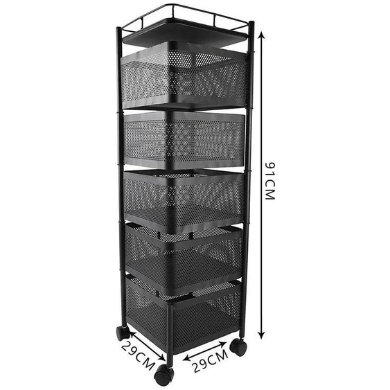 Étagère de rangement pour cuisine - Chariot pivotant - Étagère métallique à 5 niveaux - Panier rond pour légumes sur roulettes - Étagère dappoint 94x28x28 cm - Noir
