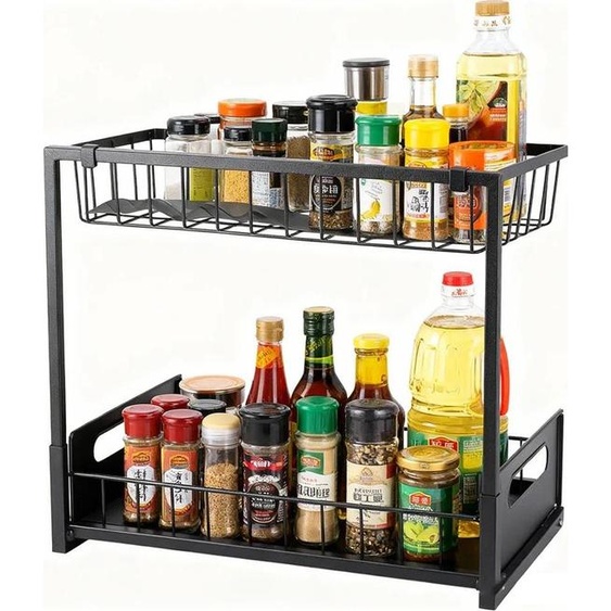 Étagère de rangement pour cuisine - Organisateur de placard coulissant - 2 niveaux - Panier en métal - Pour placards profonds - Noir