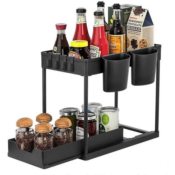 Étagère de Rangement sous Évier 2 Niveaux - OHMG - HSTURYZ - Noir - Plastique ABS + métal - A monter soi-même