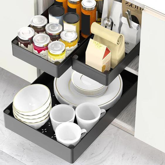 Étagère de Rangement sous Évier, Rangements sous Evier 2 Niveaux Organisateur Coulissant avec 2 Tiroirs