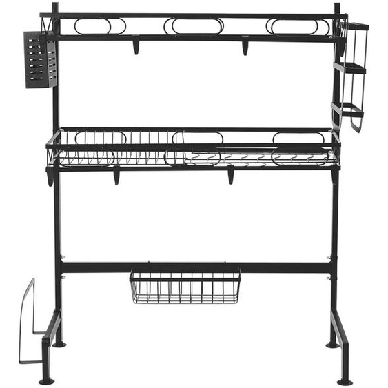 Étagère égouttoir pour évier - Étagère à vaisselle à 2 niveaux - Acier au carbone, capacité de charge de 10 kg - Rangement pour couverts et couteaux - Support pour planche à découper - Noir