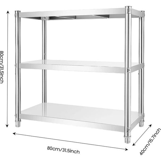 Étagère en acier inoxydable - Étagère de rangement à 3 niveaux - Acier inoxydable 201 - Espacement des étagères réglable (6 cm) - Montage facile - Modèle sur pied - 80 × 80 × 40 cm