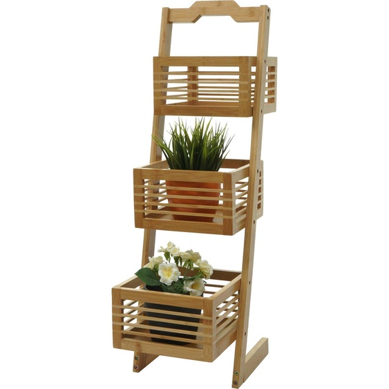 Étagère HWC-M21, Étagère sur pied Étagère de salle de bain Étagère de rangement Étagère de salon avec 3 paniers, bambou 77x23x30cm