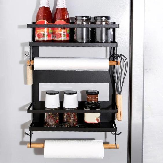 Étagère magnétique pour réfrigérateur - Étagère suspendue - Acier inoxydable - Fixation magnétique puissante - Montage sans outils - Pour réfrigérateur et surfaces métalliques - Noir