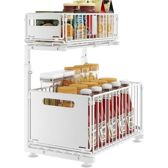 Étagère métallique blanche, 2 niveaux, à placer sous le lavabo, réglable en hauteur, dimensions : 38 x 26,5 x 41-48,5 cm