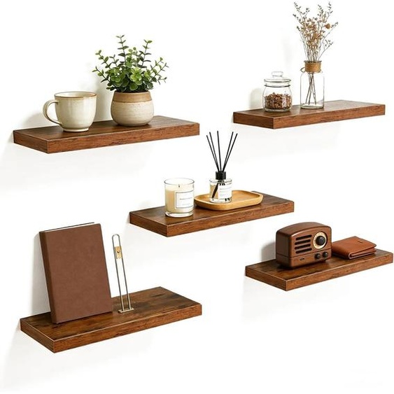 Étagère murale en bois Wandregal - Ensemble de étagères flottantes - 5 pièces - 40 x 20 cm - Avec supports en métal - Pour salon, chambre, cuisine, salle de bain - Style rustique, couleur marron