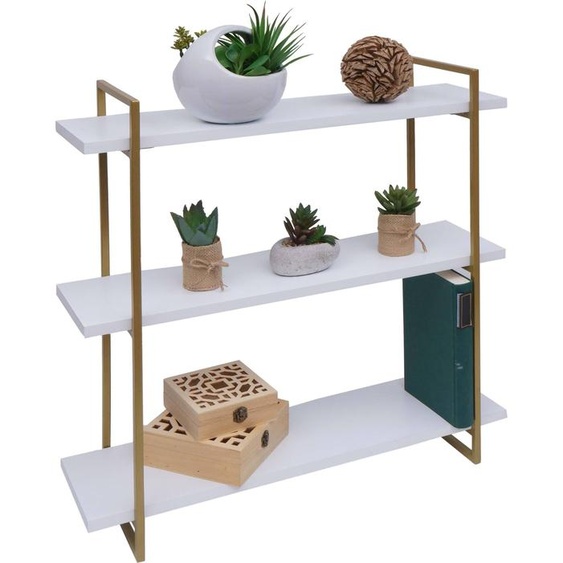 Etagère murale HWC-K78, étagère suspendue, 3 étagères bois massif industriel 60x60x18cm ~ blanc, métal doré