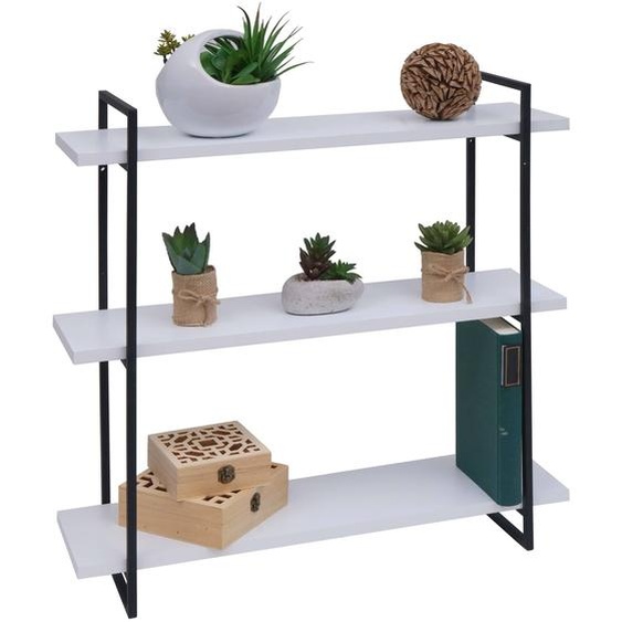 Etagère murale HWC-K78, étagère suspendue, 3 étagères en bois massif industriel 60x60x18cm ~ blanc, métal noir