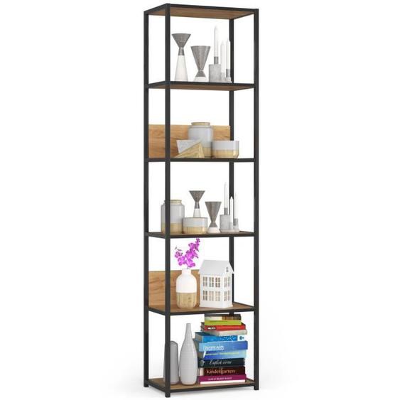 Étagère murale industrielle sur pied AKORD Noire 50 cm façade Chêne Craft 6 étagères 50x32x192 cm