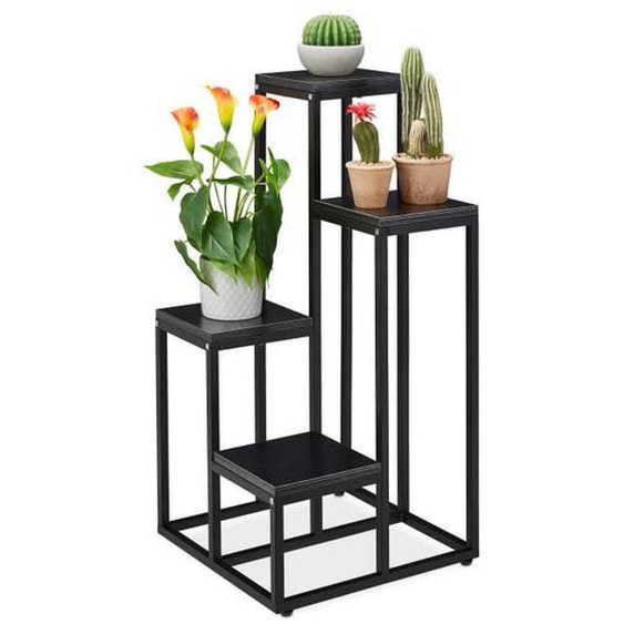 Relaxdays Étagère à plantes, 4 niveaux, HxLxP : 100x40x40 cm, acier et MDF, escalier pour fleurs, noir