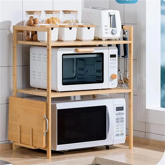 Étagère pour micro-ondes - Étagère de cuisine à 2 niveaux - XL - Bambou - 4 crochets - 52 × 37 × 65 cm