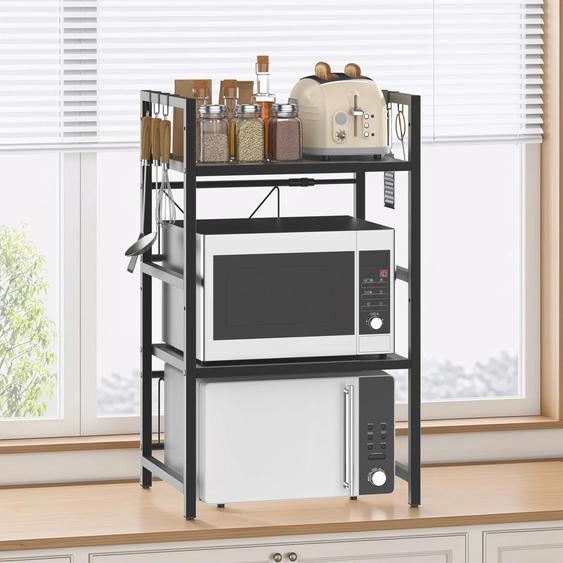 Étagère pour micro-ondes - Support de cuisine à 3 niveaux - Largeur réglable - Étagère en acier réglable avec 6 crochets - Organisateur dangle gain de place