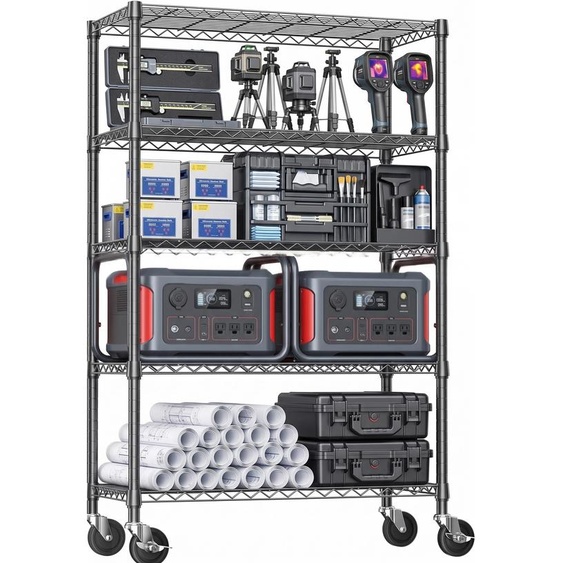 Étagère robuste sur roulettes, 5 niveaux, étagère métallique réglable en hauteur, capacité de charge de 454 kg, dimensions 117 x 46 x 183 cm, idéale pour garage et cuisine, étagère à grilles, couleur noire
