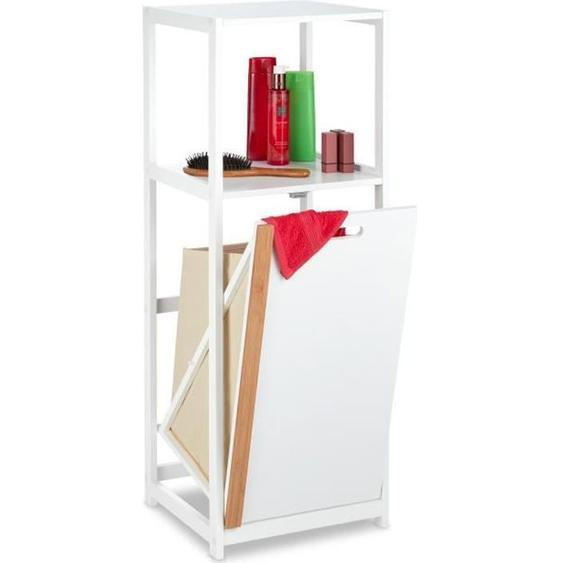 Relaxdays Etagère de salle de bain avec corbeille à linge, 2 rangements, panier, MDF & bambou, 98x36x30 cm, blanc/nature
