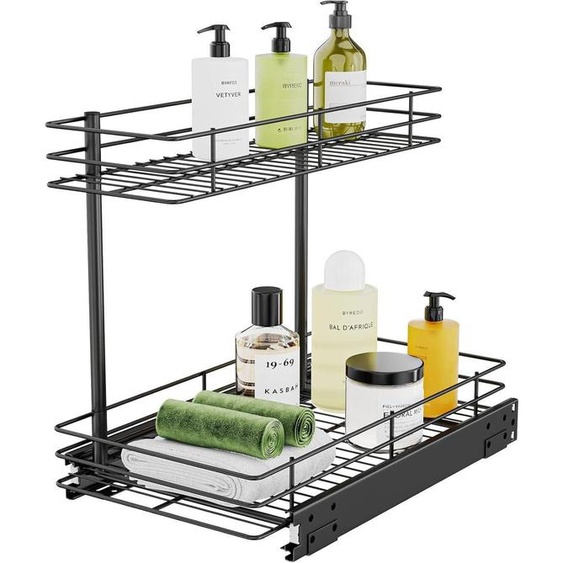 Étagère sous évier 2 niveaux métal noir cuisine salle de bain rangement organisateur