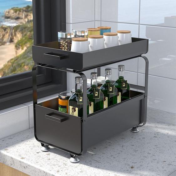 Étagère sous-evier à 2 niveaux pour rangement -Panier coulissant en acier au carbone de cuisine -ERROLVES - Noir -40*25.5*39.5 CM