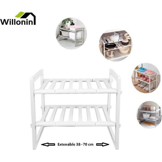 Etagère sous évier extensible 38-70cm - WILLONIN - Blanc - 2 niveaux - Rangement de Cuisine
