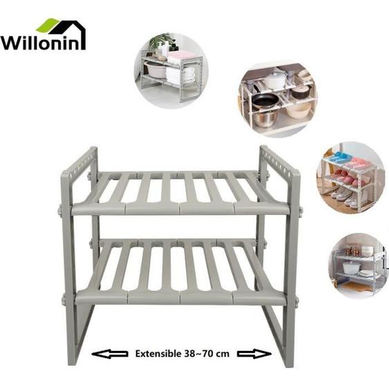 Etagère sous évier extensible 38 - 70cm - WILLONIN - Organisateur Rangement de Cuisine à 2 niveaux - Gris