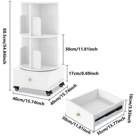 Étagère tournante pour livres avec tiroirs, rotation à 360 degrés, étagère mobile sur roulettes, 2 étagères, blanche, en MDF
