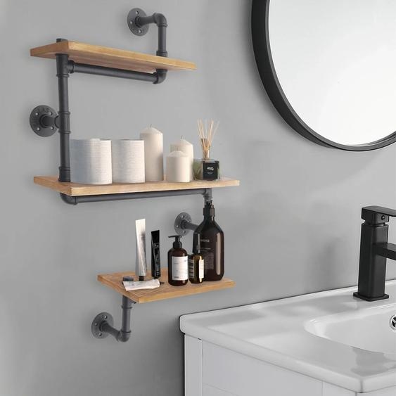 Étagère tubulaire au design industriel - Étagère murale - 3 niveaux - Bois massif - Tubes métalliques - Style vintage - 70 x 25 x 20 cm - Marron