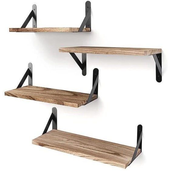 Étagères murales flottantes - Ensemble de 4 étagères en bois - 3 tailles : 29/36/42 cm - Fixation murale - Supports triangulaires en métal - Style moderne
