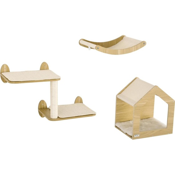 Etagères pour chat - Arbre à chat - Ensemble de 3 pièces - Hamac - Griffoir en sisal - 4 niveaux - 40×32,5×45 cm - Chêne - Jaune