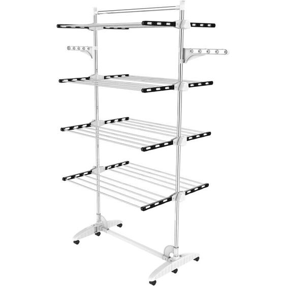 Etendoir à Linge, Etendage à Linge, 4 étagères, Noir/Blanc, avec ailes et barre supérieure, Matériau: Tubes en acier inoxydable