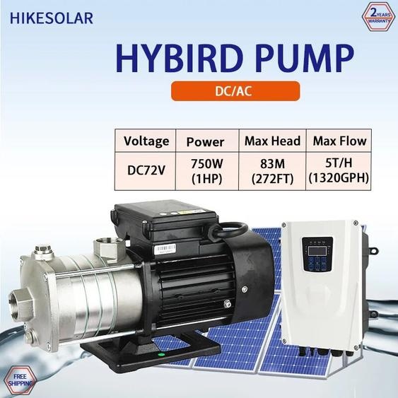 eusopumbas Pompe à eau solaire hybride auto-préciée, 1hp, avec contrôleur MPPT, Booster 72v AC/DC, turbine SS304, Irrigation agricole