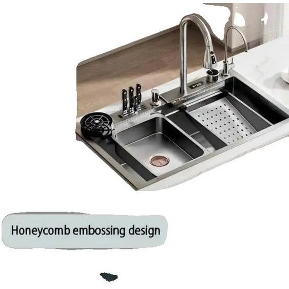 Évier de cuisine, acier inoxydable, robinet extractible, porte-couteaux 75x45