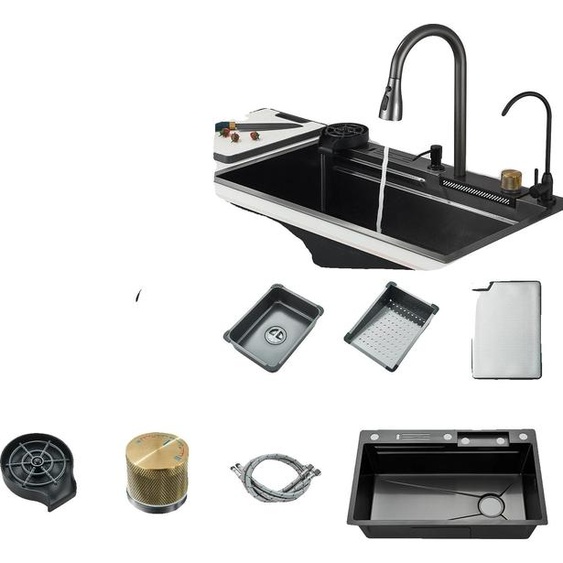 Évier de cuisine, acier inoxydable, robinetterie intégrée, 75 x 46 cm, gris F