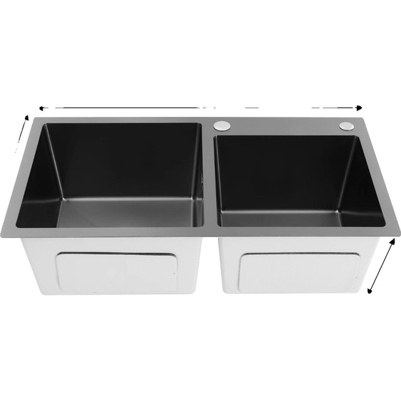 Évier de cuisine, double bac, construction en acier inoxydable, noir