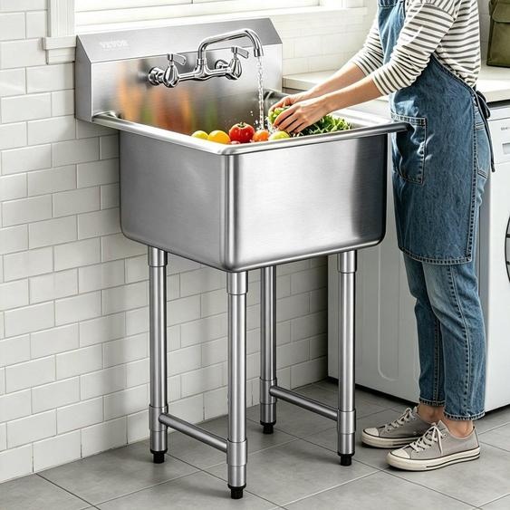 Évier de cuisine en acier inoxydable - 1 compartiment - Hauteur : 1041 mm - Autoportant - Évier commercial