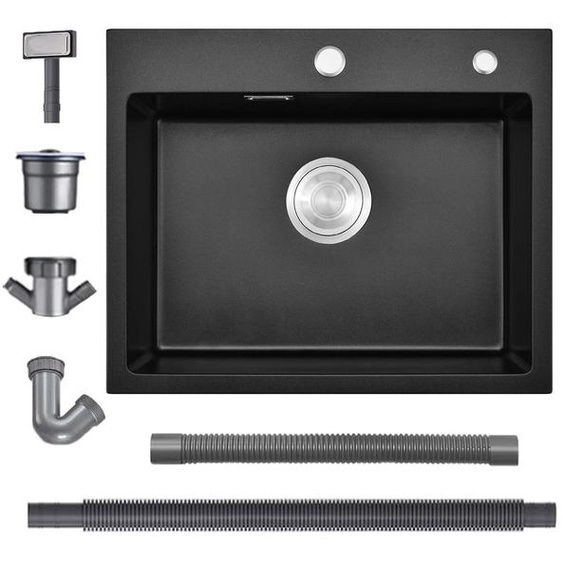 Évier de cuisine encastrable noir, 55 x 45 cm, évier de cuisine encastrable, évier en quartz noir, évier unique profond en matériau composite, évier à poser