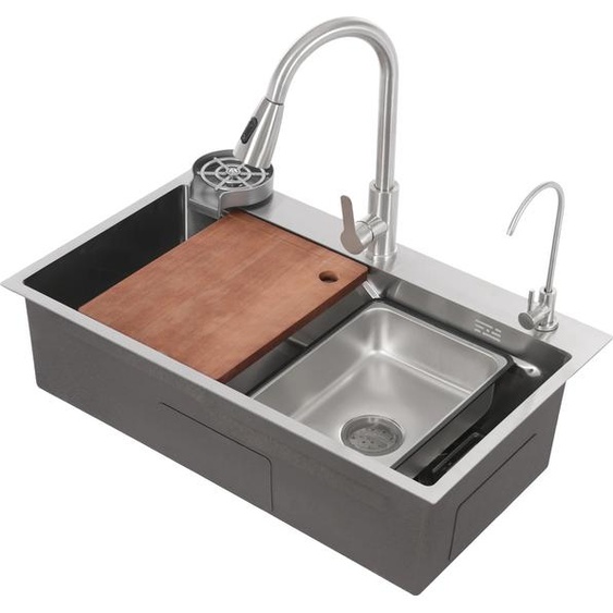 Evier de cuisine, grande taille, caractéristiques multifonctionnelles, argenté