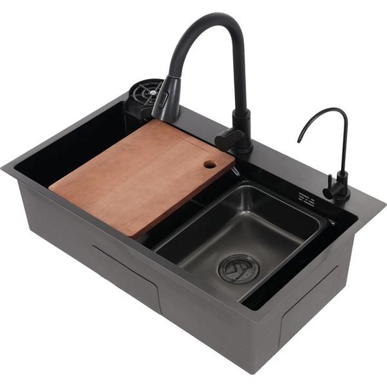 Evier de cuisine, grande taille, caractéristiques multifonctionnelles, noir