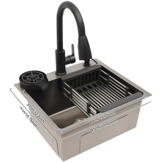 Évier de cuisine, robinet extensible, distributeur de savon, noir