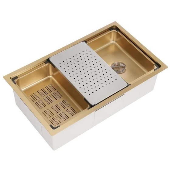 Évier de cuisine - Un bac - Acier inoxydable 304 - 76 cm - Revêtement anti-taches Nano - Installation sous plan, en surface ou encastré - 1 trou sans robinet - Or