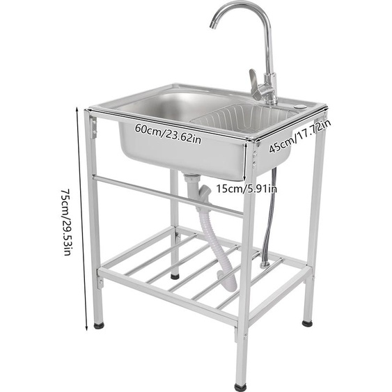 Évier en acier inoxydable, modèle à cuve unique, robinet deau froide et chaude, argent