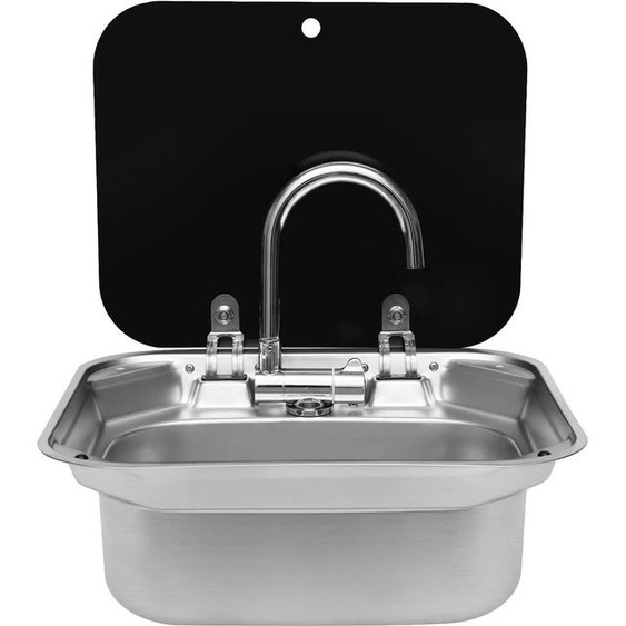 Évier pour camping-car/caravane/bateau - Évier encastrable - Acier inoxydable - Couvercle en verre - Robinet deau chaude/froide - 41 x 36,5 x 16 cm - Gris