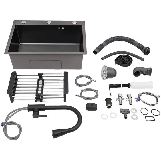 Évier, robinet extensible, design compact, noir