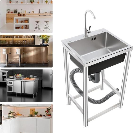 Évier utilitaire, acier inoxydable, design autonome, argent