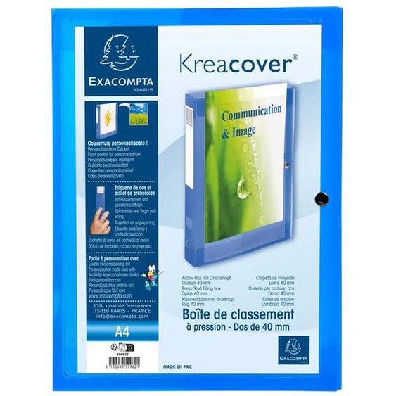 EXACOMPTA Boite de classement à pression Dos 40mm polypropylène chromaline 7/10e Krea Cover - Bleu