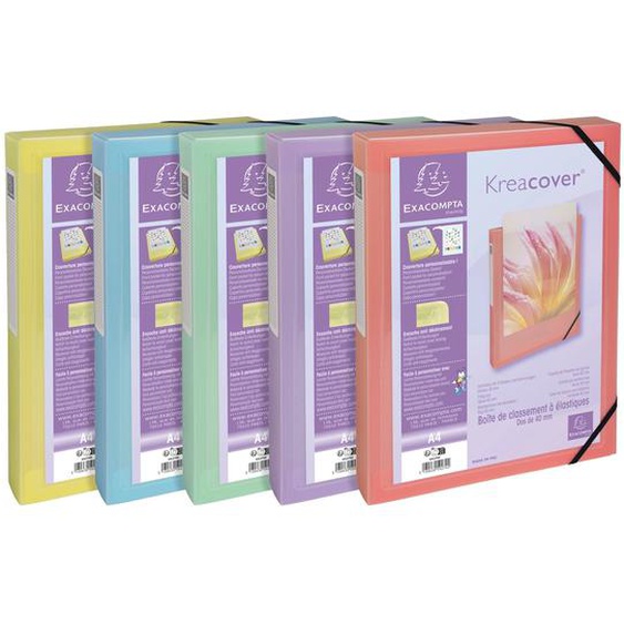 EXACOMPTA Boite de classement polypropylène Kreacover Pastel dos 40mm - A4 - Couleurs assorties