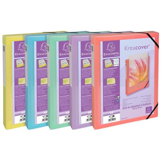 EXACOMPTA Boite de classement polypropylène Kreacover Pastel dos 40mm - A4 - Couleurs assorties