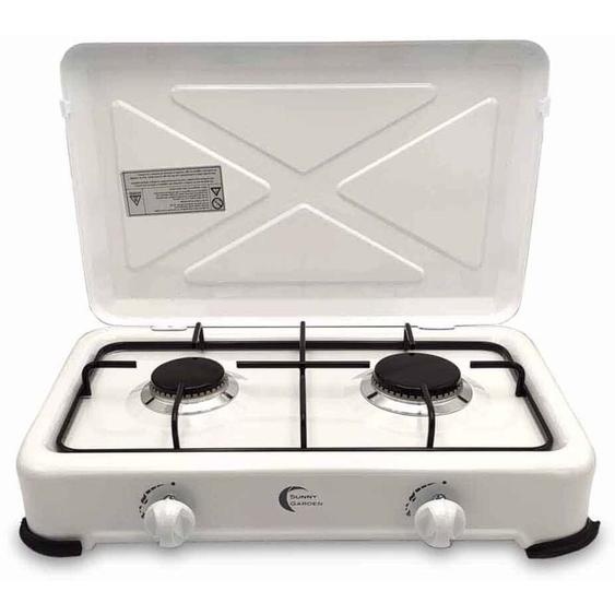 Facilitys - Réchaud à gaz portable à 2 feux - Idéal pour le camping, les activités en plein air, les voyages - Couleur : blanc